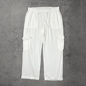 NOISY MAY Leilani Loose Fit Wide Leg Cargo Pants Linen Blend Elastic Waist White